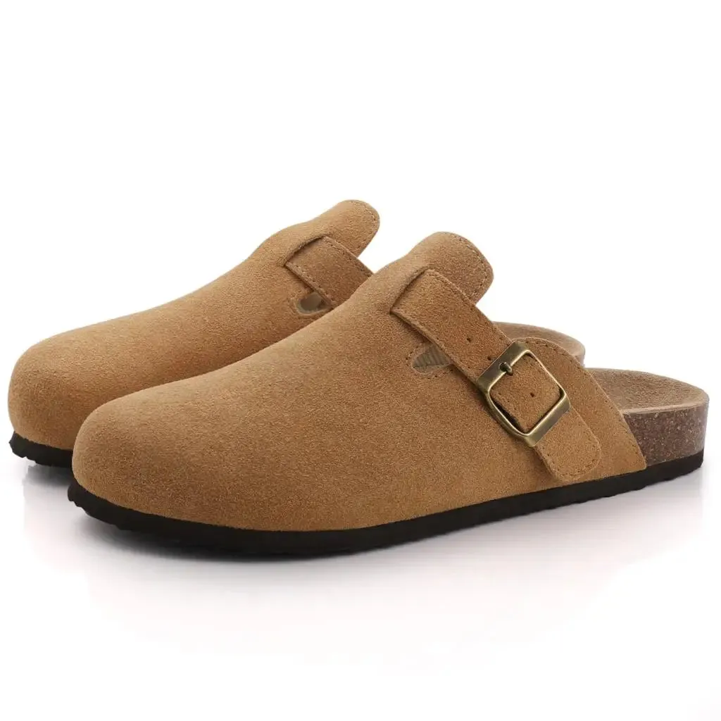 Comwarm Fashion Women's Suede Mules Slippers Men Clogs Cork Insole Sandals With Arch Support Outdoor Beach Slides Home Shoes