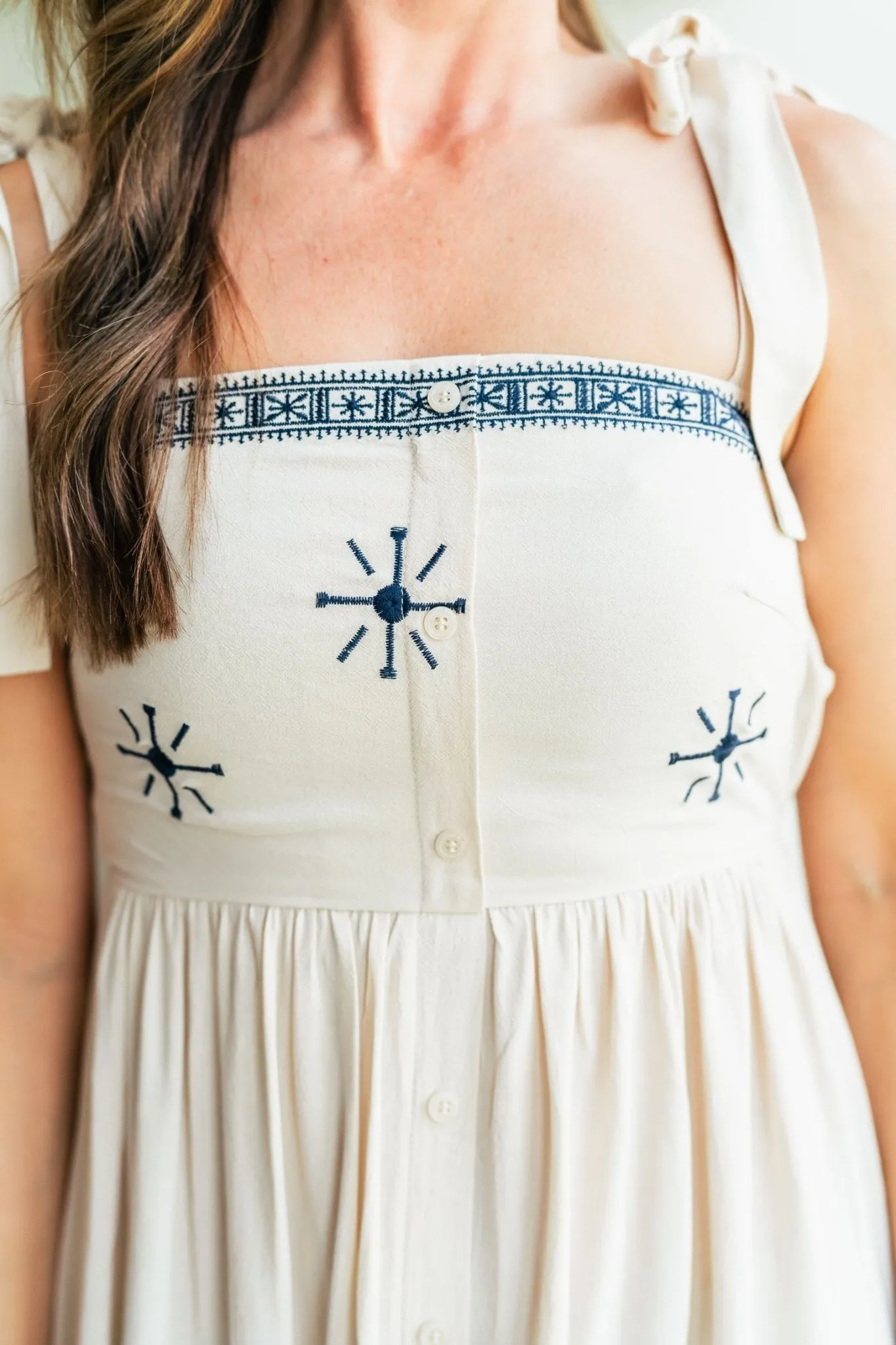 Cream Embroidered Linen Midi Dress