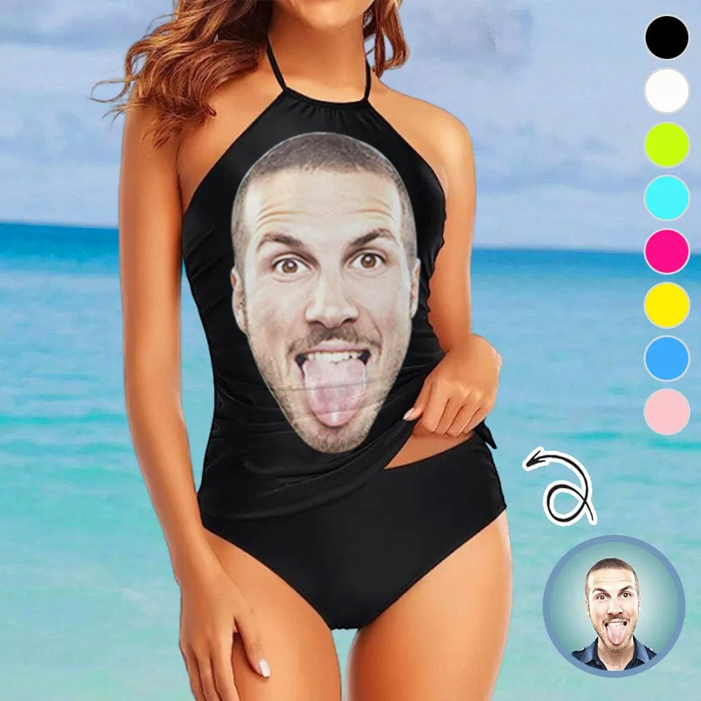 Custom Big Funny Face Womens Sexy Halter Tummy Control Swimsuit Tankini Top Sets Fashion Two Piece Bathing Suit with Tie Side