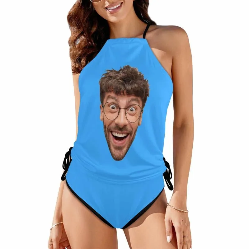 Custom Big Funny Face Womens Sexy Halter Tummy Control Swimsuit Tankini Top Sets Fashion Two Piece Bathing Suit with Tie Side