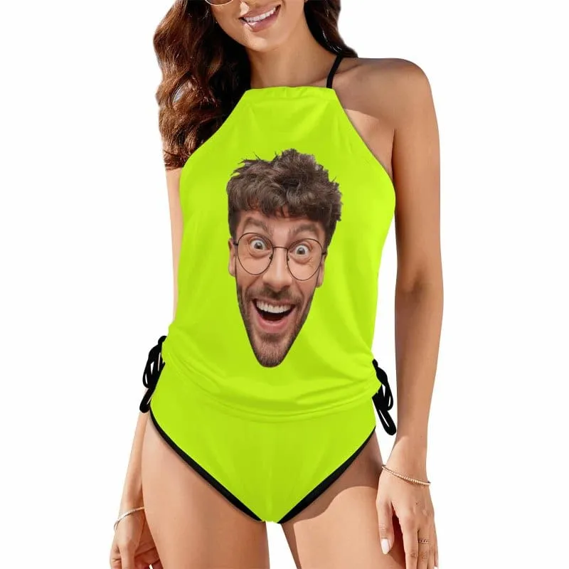 Custom Big Funny Face Womens Sexy Halter Tummy Control Swimsuit Tankini Top Sets Fashion Two Piece Bathing Suit with Tie Side