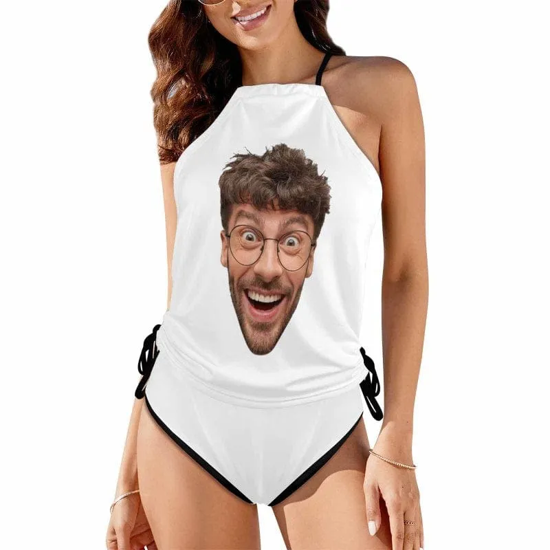 Custom Big Funny Face Womens Sexy Halter Tummy Control Swimsuit Tankini Top Sets Fashion Two Piece Bathing Suit with Tie Side