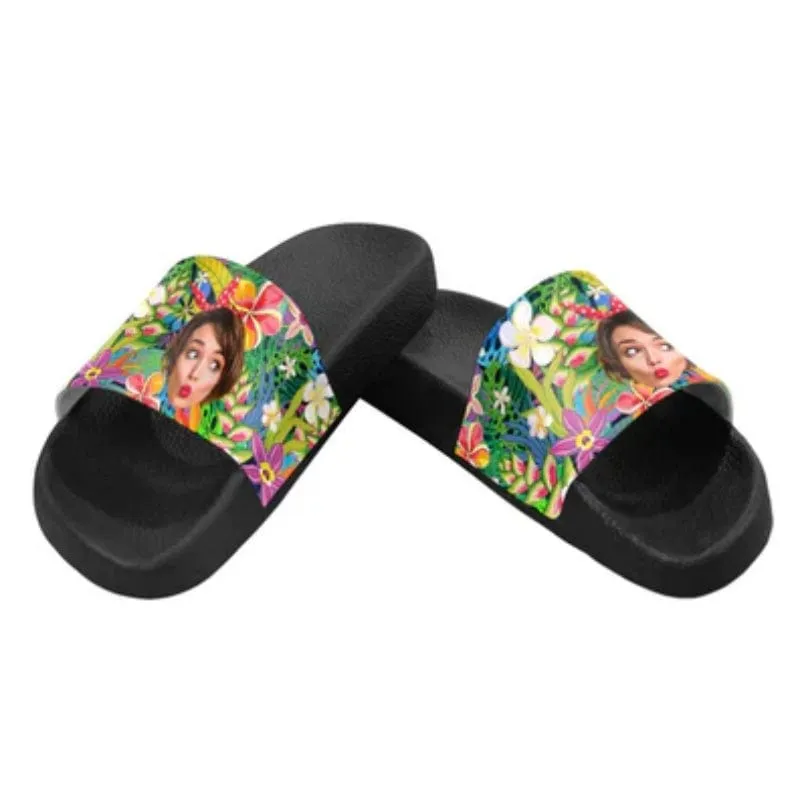 Custom Face Colorful Flowers Sandals Personalized Girlfriend Face Slides