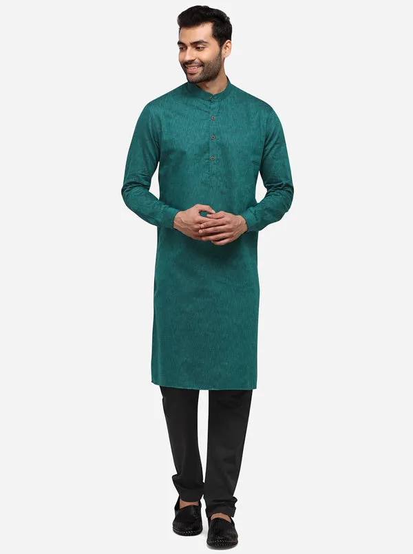 Dark Green Self Textured Regular Fit Modi Kurta | JadeBlue