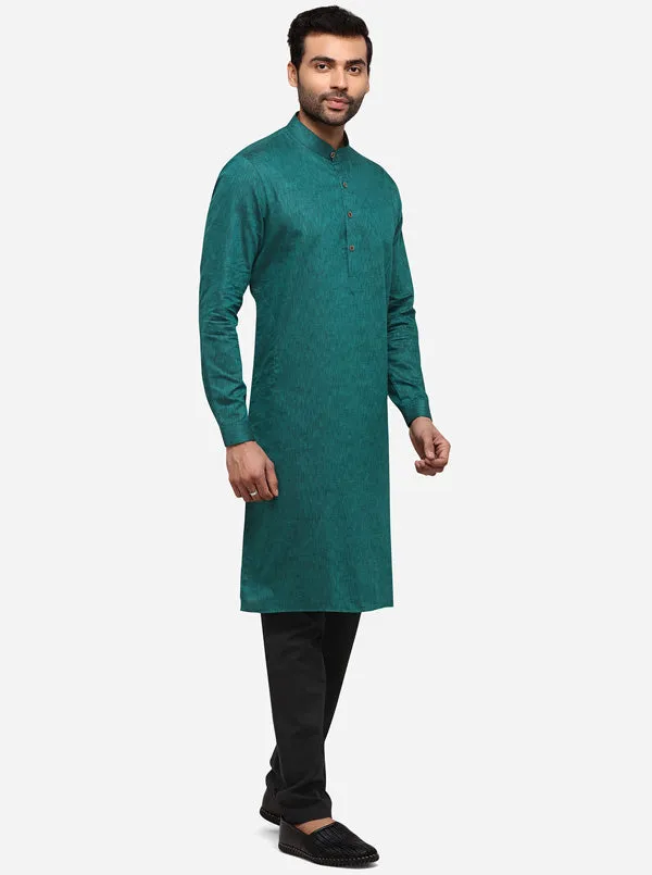 Dark Green Self Textured Regular Fit Modi Kurta | JadeBlue