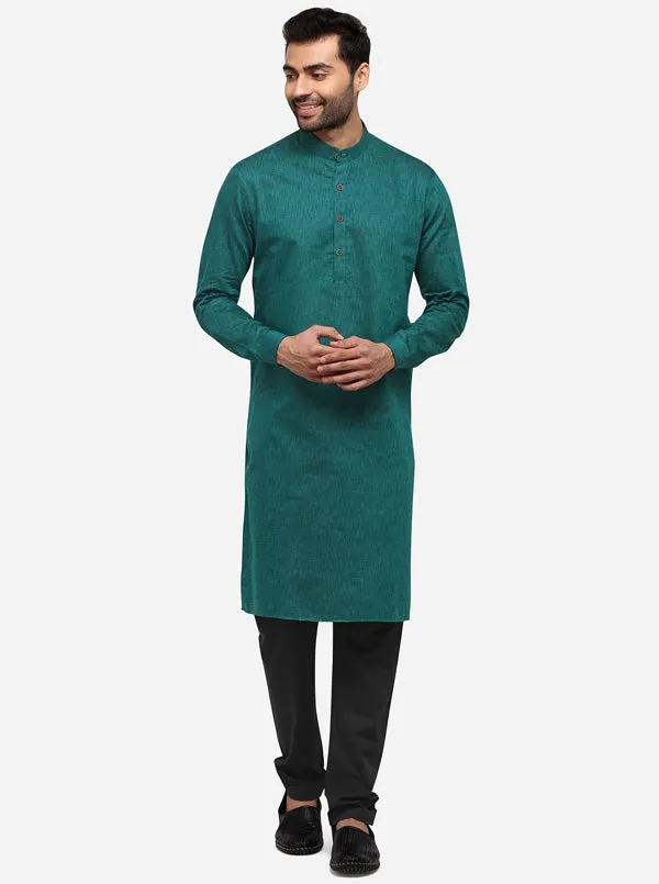 Dark Green Self Textured Regular Fit Modi Kurta | JadeBlue