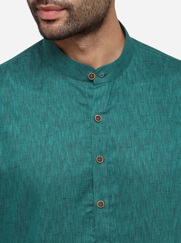 Dark Green Self Textured Regular Fit Modi Kurta | JadeBlue