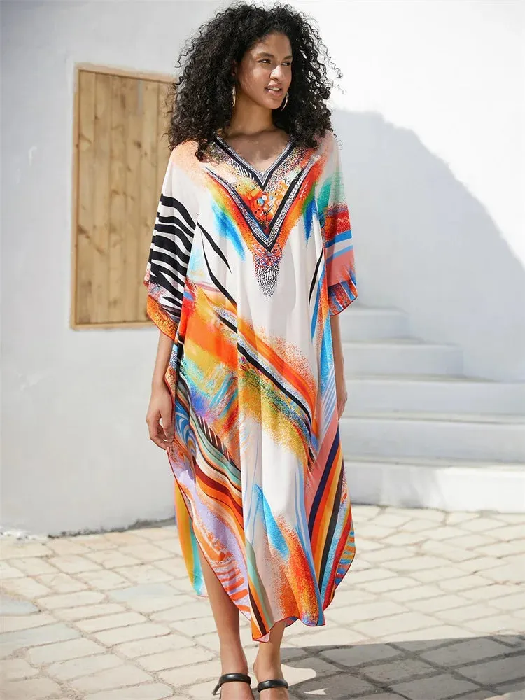 EDOLYNSA Bohemian Orange Printed Kaftan: Loose Summer Beach Dress 2024