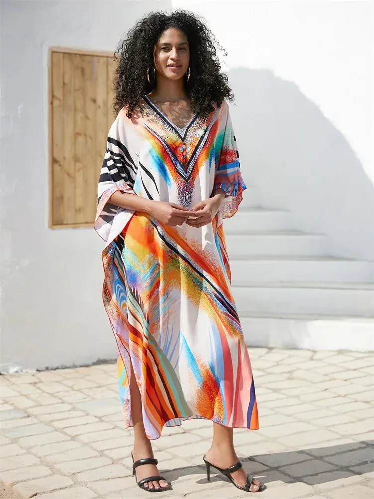 EDOLYNSA Bohemian Orange Printed Kaftan: Loose Summer Beach Dress 2024