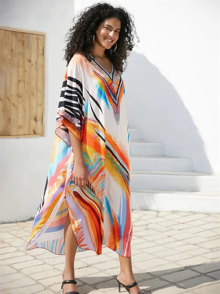 EDOLYNSA Bohemian Orange Printed Kaftan: Loose Summer Beach Dress 2024