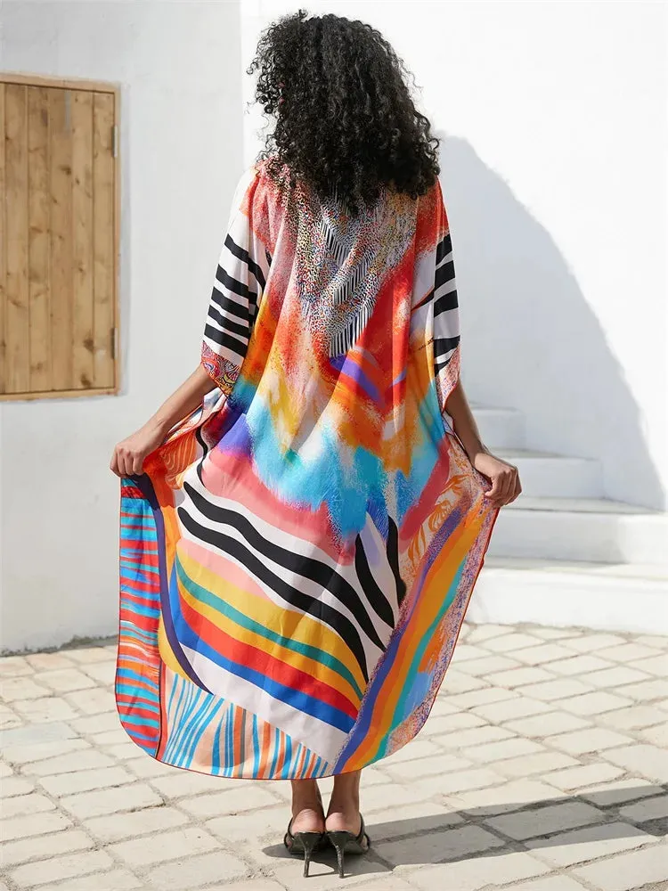 EDOLYNSA Bohemian Orange Printed Kaftan: Loose Summer Beach Dress 2024