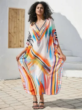 EDOLYNSA Bohemian Orange Printed Kaftan: Loose Summer Beach Dress 2024