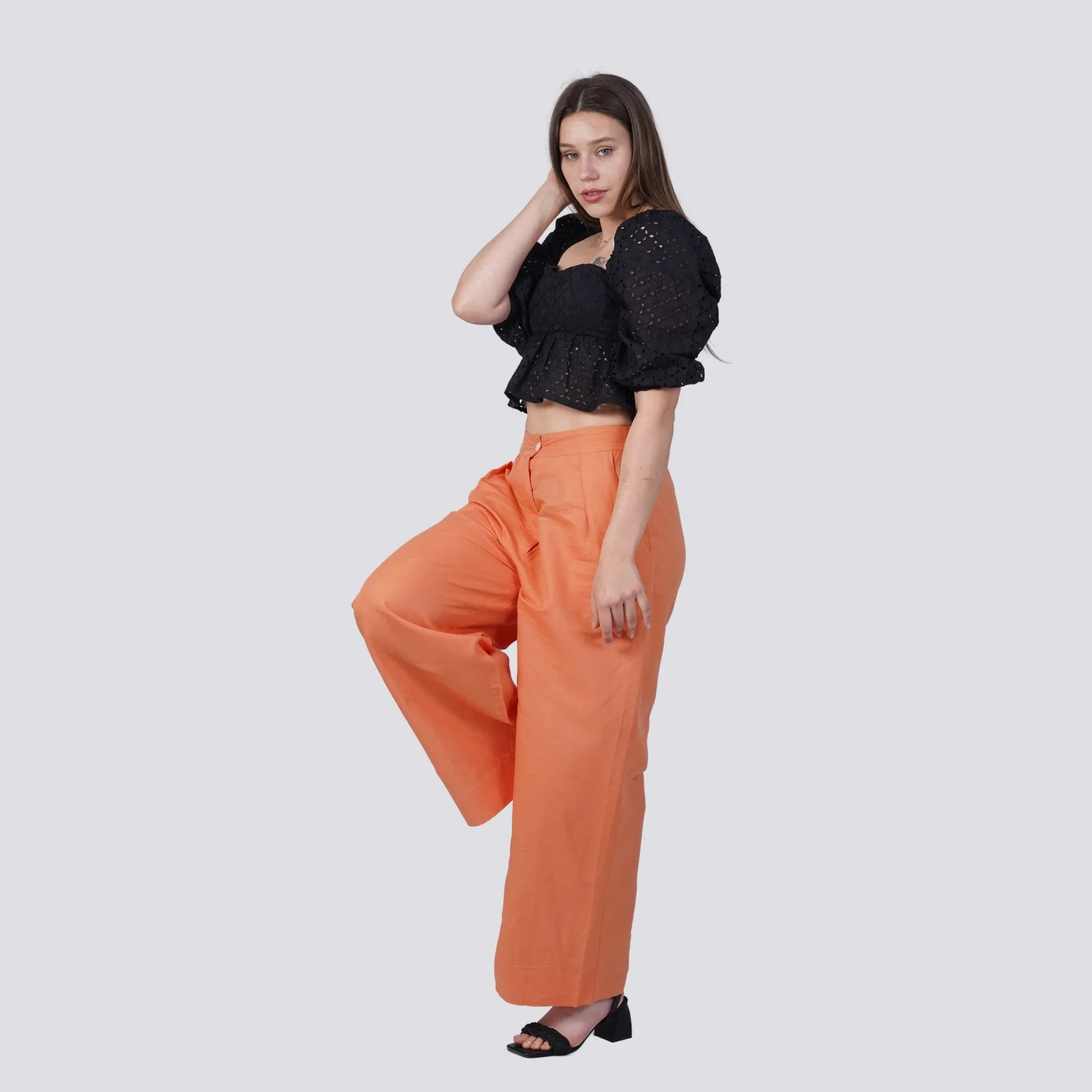 Embolden Your Look with Sustainable Luxury: Deep Saffron Wide Leg Linen Trousers