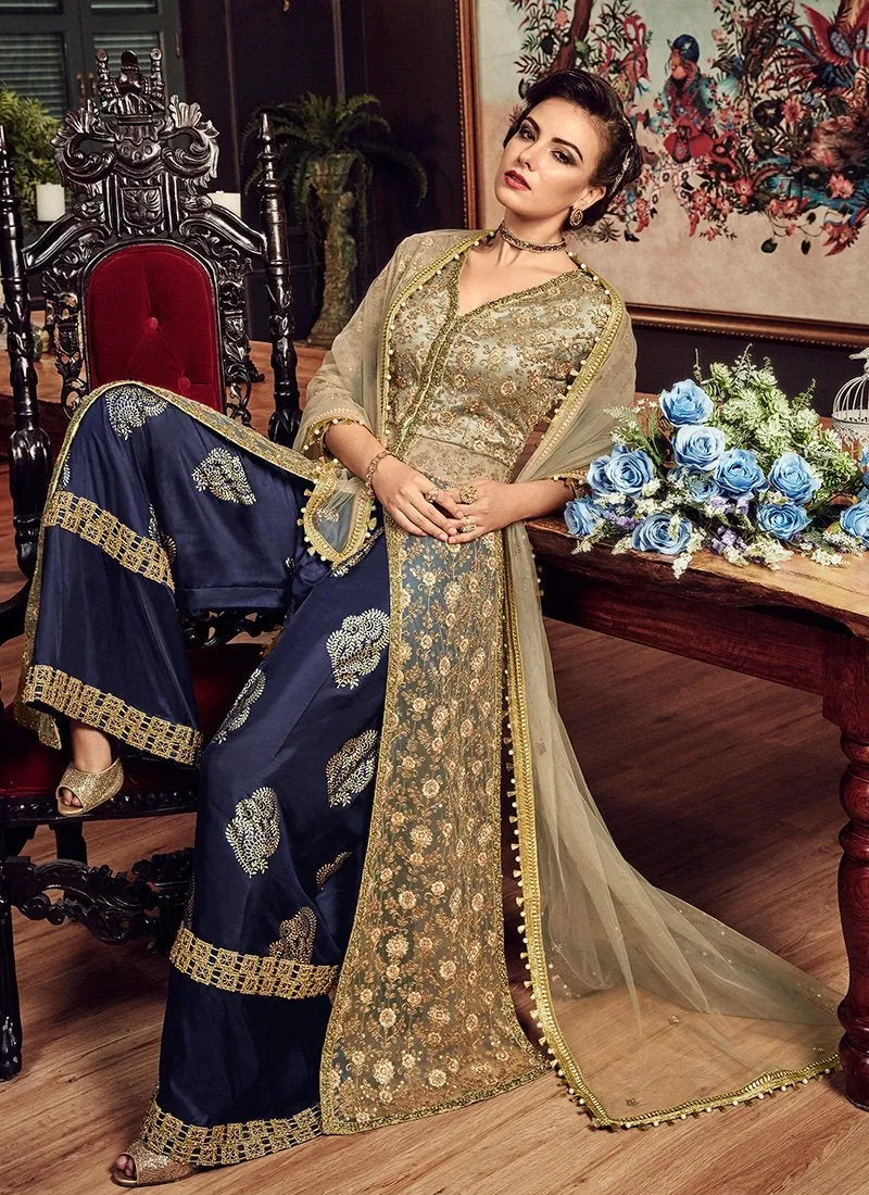 Golden And Blue Ethnic Embroidered Palazzo Suit