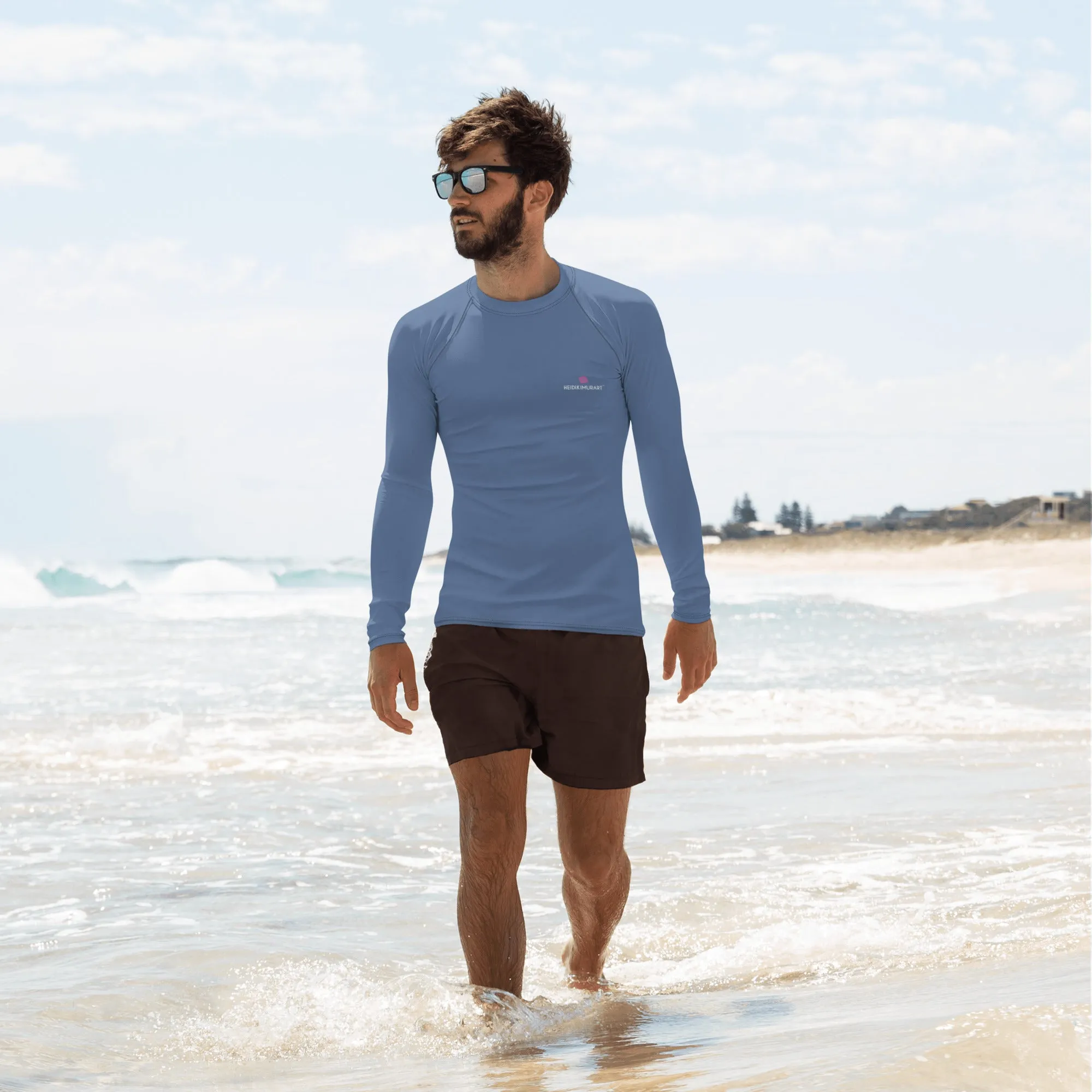 Gray Blue Solid Color Men's Top, Best Men's Rash Guard UPF 50  Long Sleeves Designer Polyester Spandex Sportswear