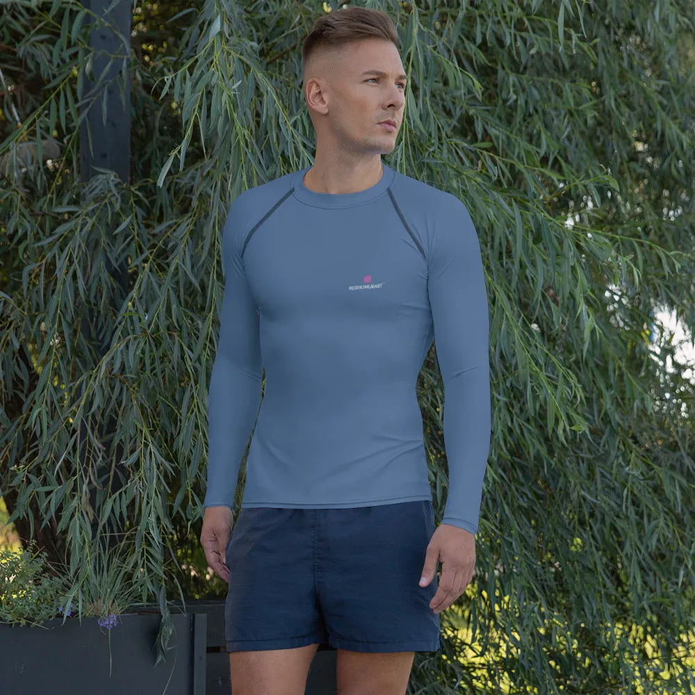 Gray Blue Solid Color Men's Top, Best Men's Rash Guard UPF 50  Long Sleeves Designer Polyester Spandex Sportswear