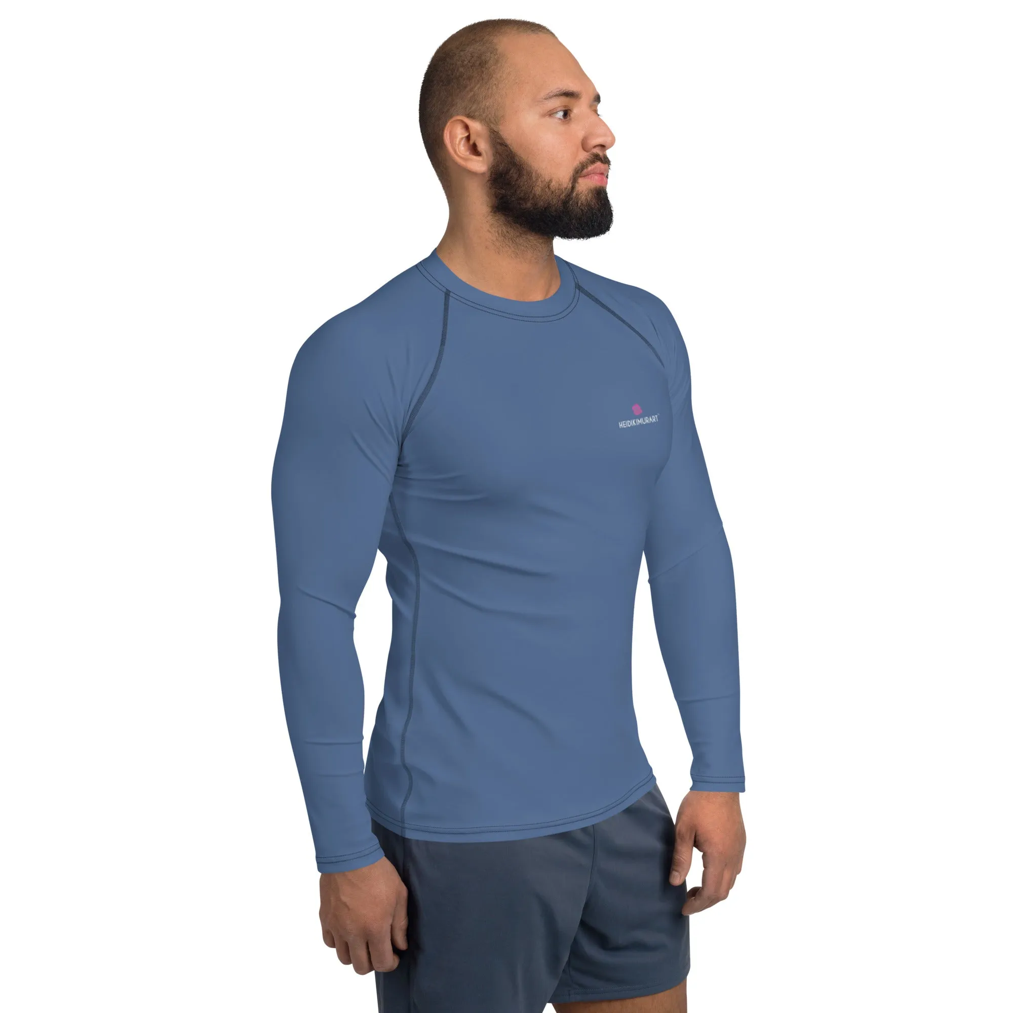 Gray Blue Solid Color Men's Top, Best Men's Rash Guard UPF 50  Long Sleeves Designer Polyester Spandex Sportswear