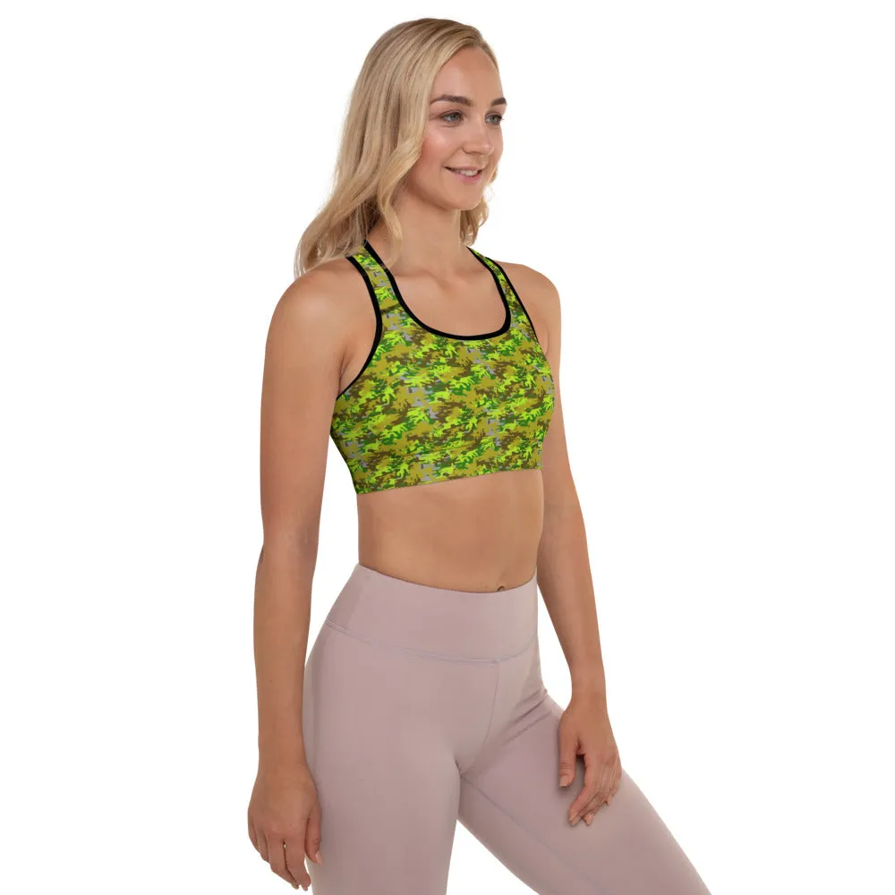 Green Camo Sports Bra, Military Army Women's Padded Workout Bra- Made in USA/EU