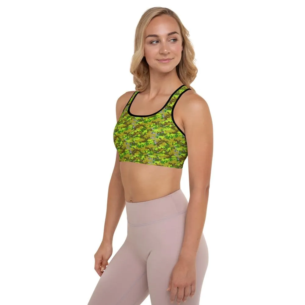 Green Camo Sports Bra, Military Army Women's Padded Workout Bra- Made in USA/EU