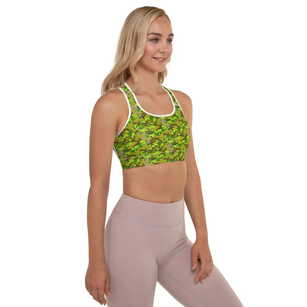 Green Camo Sports Bra, Military Army Women's Padded Workout Bra- Made in USA/EU