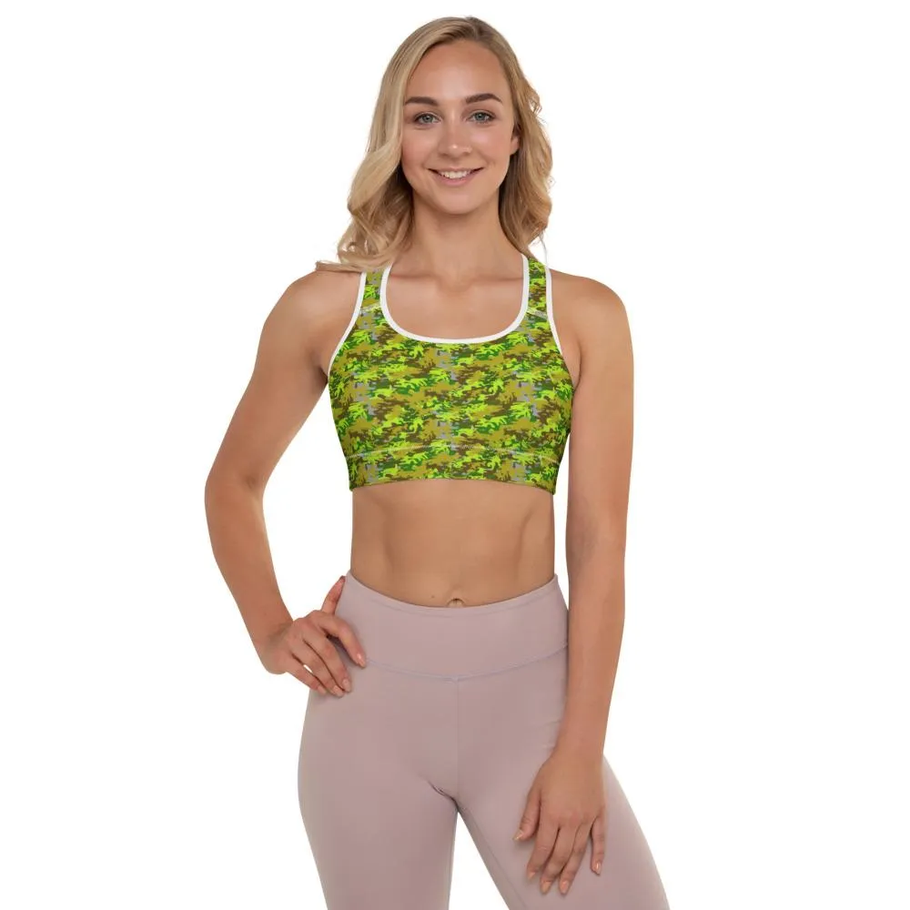 Green Camo Sports Bra, Military Army Women's Padded Workout Bra- Made in USA/EU