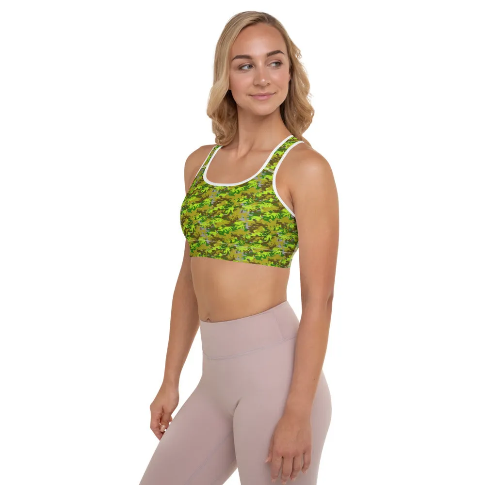 Green Camo Sports Bra, Military Army Women's Padded Workout Bra- Made in USA/EU