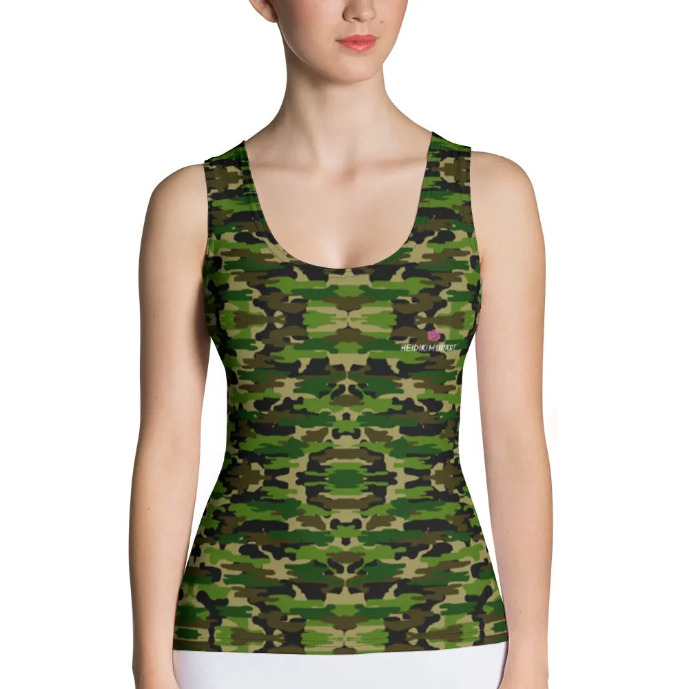 Green Camouflage Women's Tank Top, Camo Army Military Print Designer Crew Beck Tank Top For Women