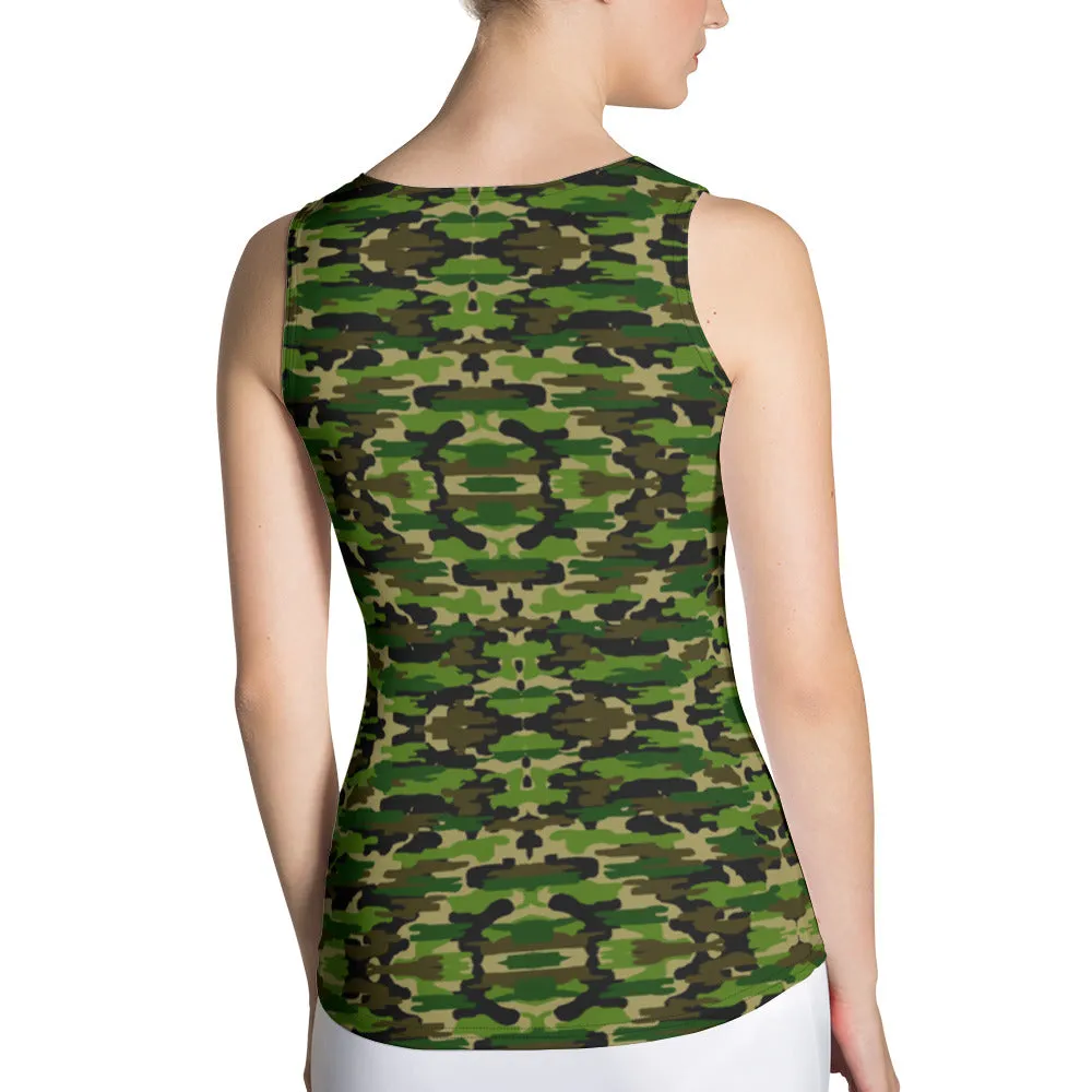 Green Camouflage Women's Tank Top, Camo Army Military Print Designer Crew Beck Tank Top For Women