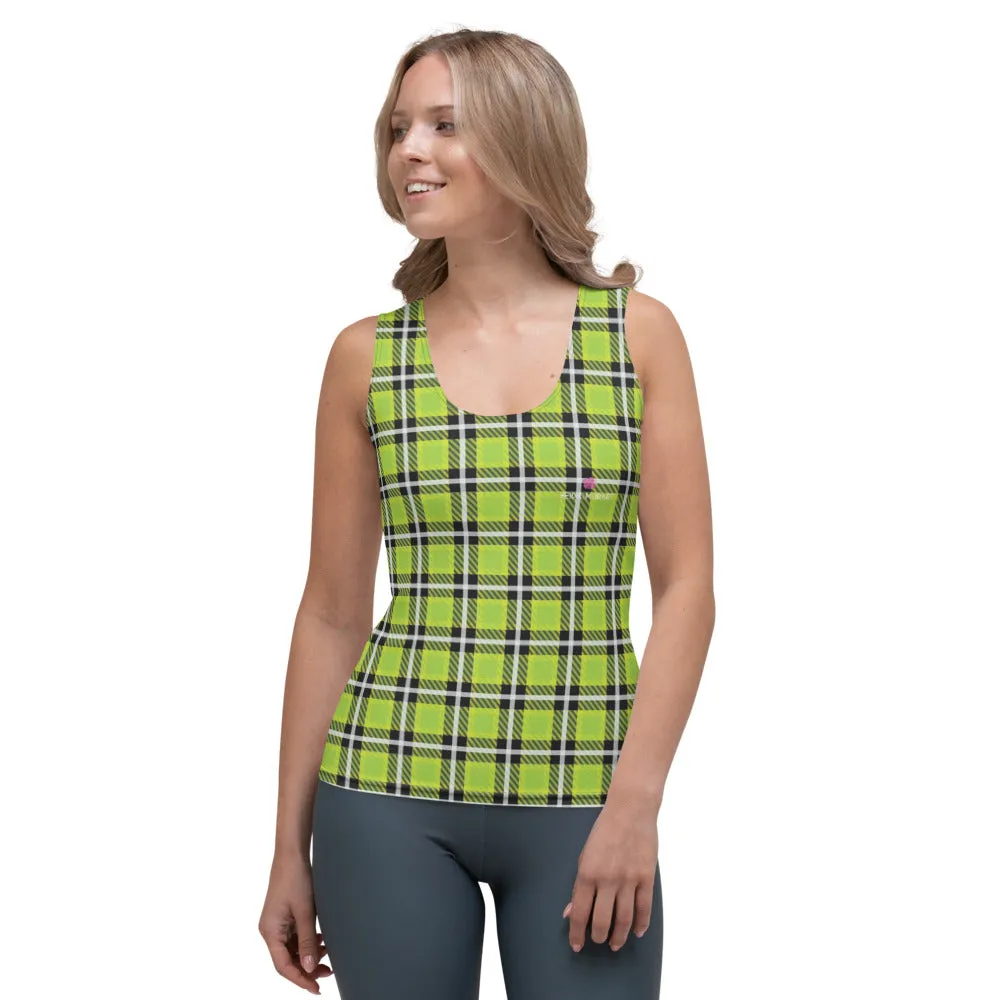 Green Plaid Print Tank Top, Preppy Plaid Tartan Print Designer Crew Beck Tank Top For Women- Made in USA/EU/MX (US Size: XS-XL)