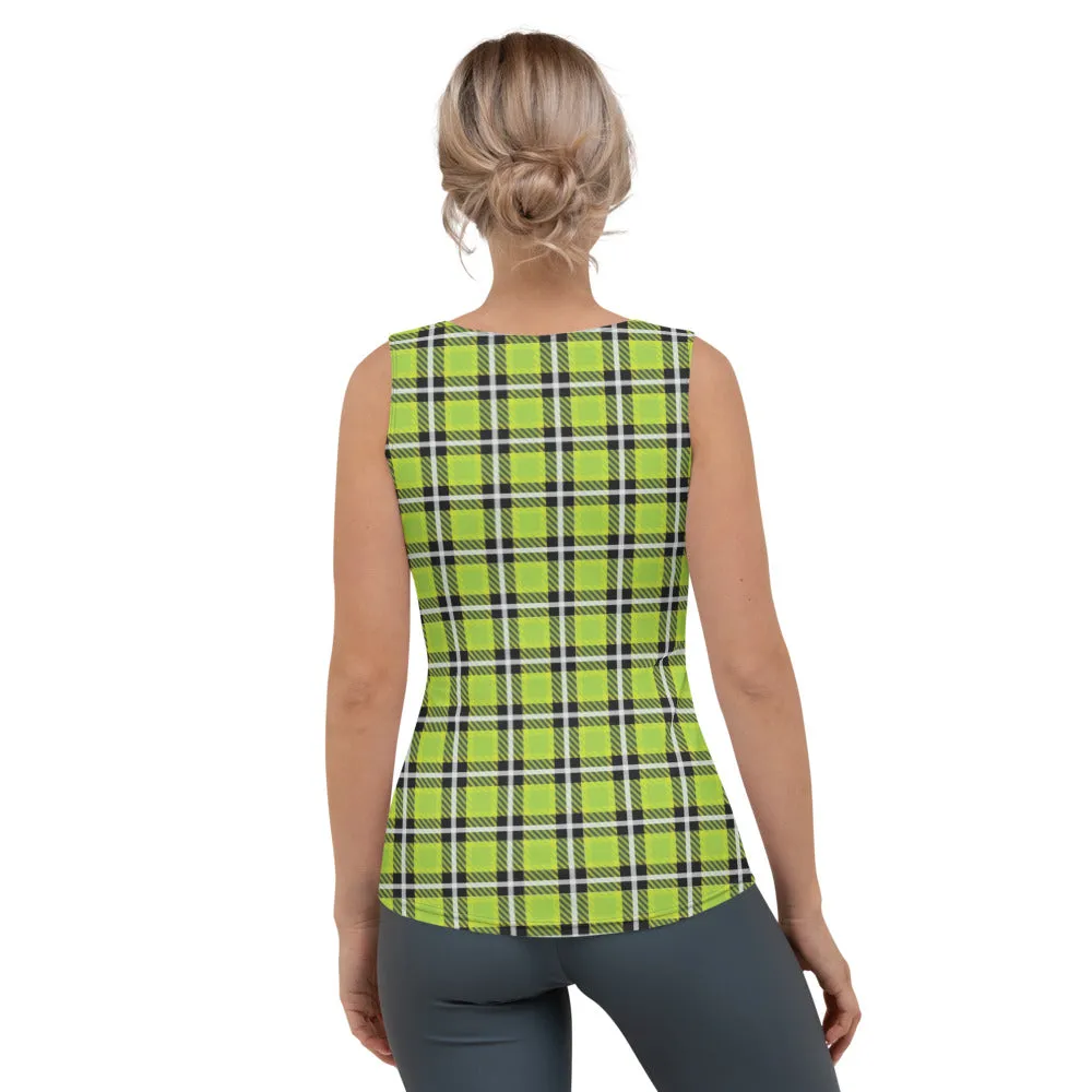 Green Plaid Print Tank Top, Preppy Plaid Tartan Print Designer Crew Beck Tank Top For Women- Made in USA/EU/MX (US Size: XS-XL)