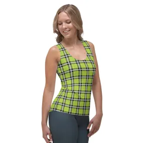 Green Plaid Print Tank Top, Preppy Plaid Tartan Print Designer Crew Beck Tank Top For Women- Made in USA/EU/MX (US Size: XS-XL)