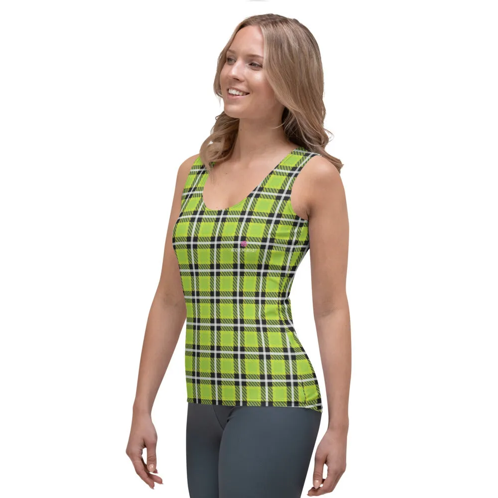 Green Plaid Print Tank Top, Preppy Plaid Tartan Print Designer Crew Beck Tank Top For Women- Made in USA/EU/MX (US Size: XS-XL)