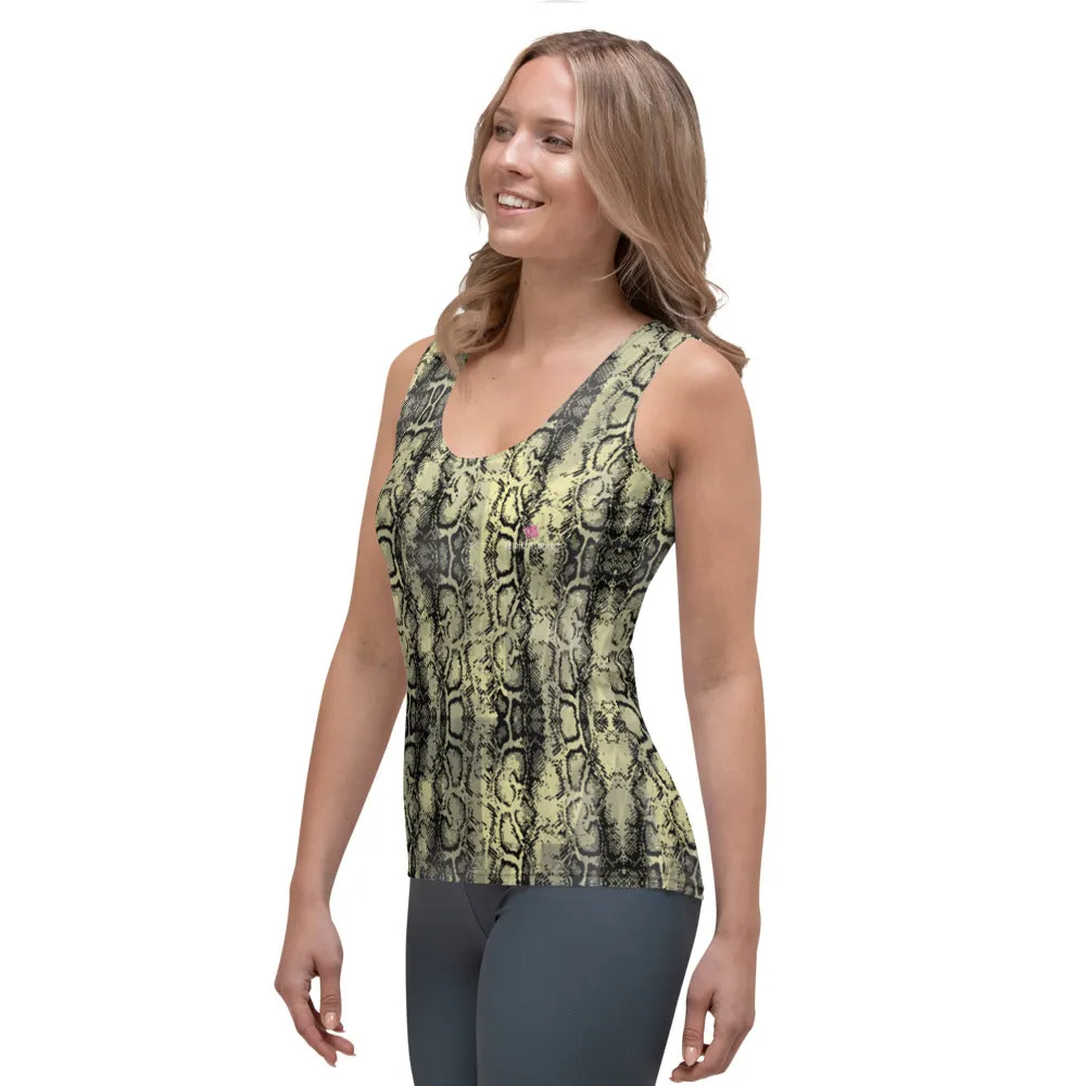 Green Snake Print Tank Top, Python Reptile Skin Print Designer Crew Beck Tank Top For Women