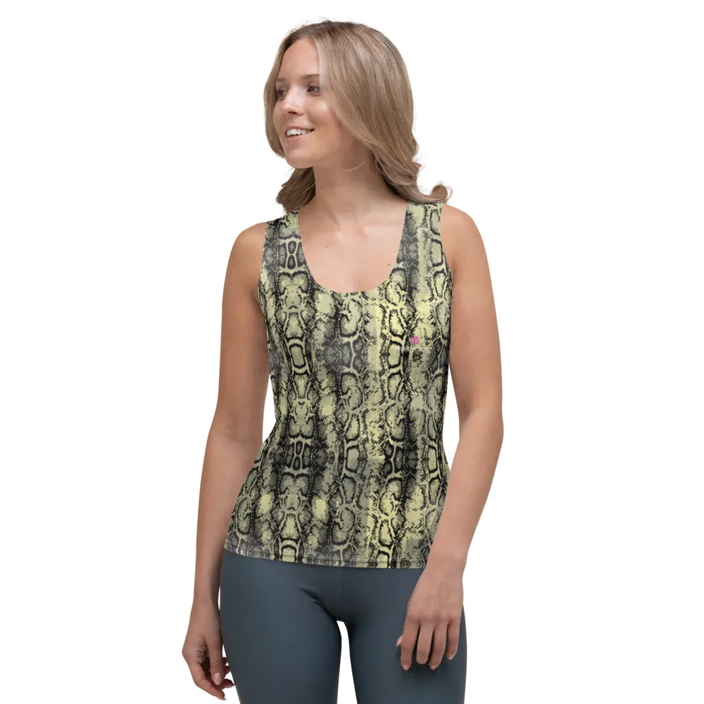 Green Snake Print Tank Top, Python Reptile Skin Print Designer Crew Beck Tank Top For Women