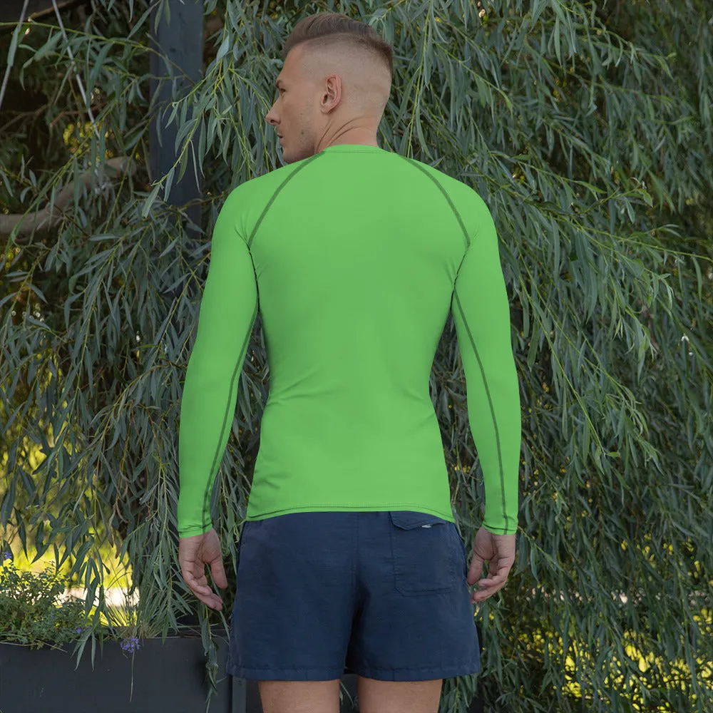 Green Solid Color Men's Top, Best Men's Rash Guard UPF 50  Long Sleeves Designer Polyester Spandex Sportswear