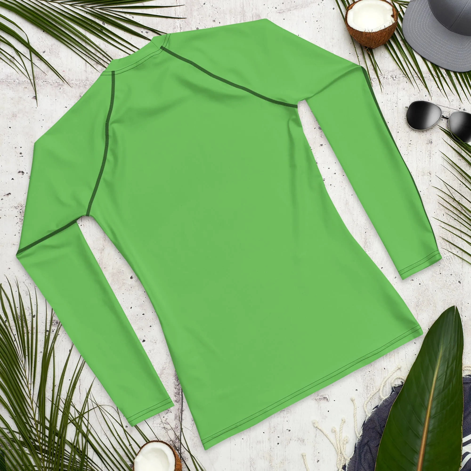 Green Solid Color Men's Top, Best Men's Rash Guard UPF 50  Long Sleeves Designer Polyester Spandex Sportswear