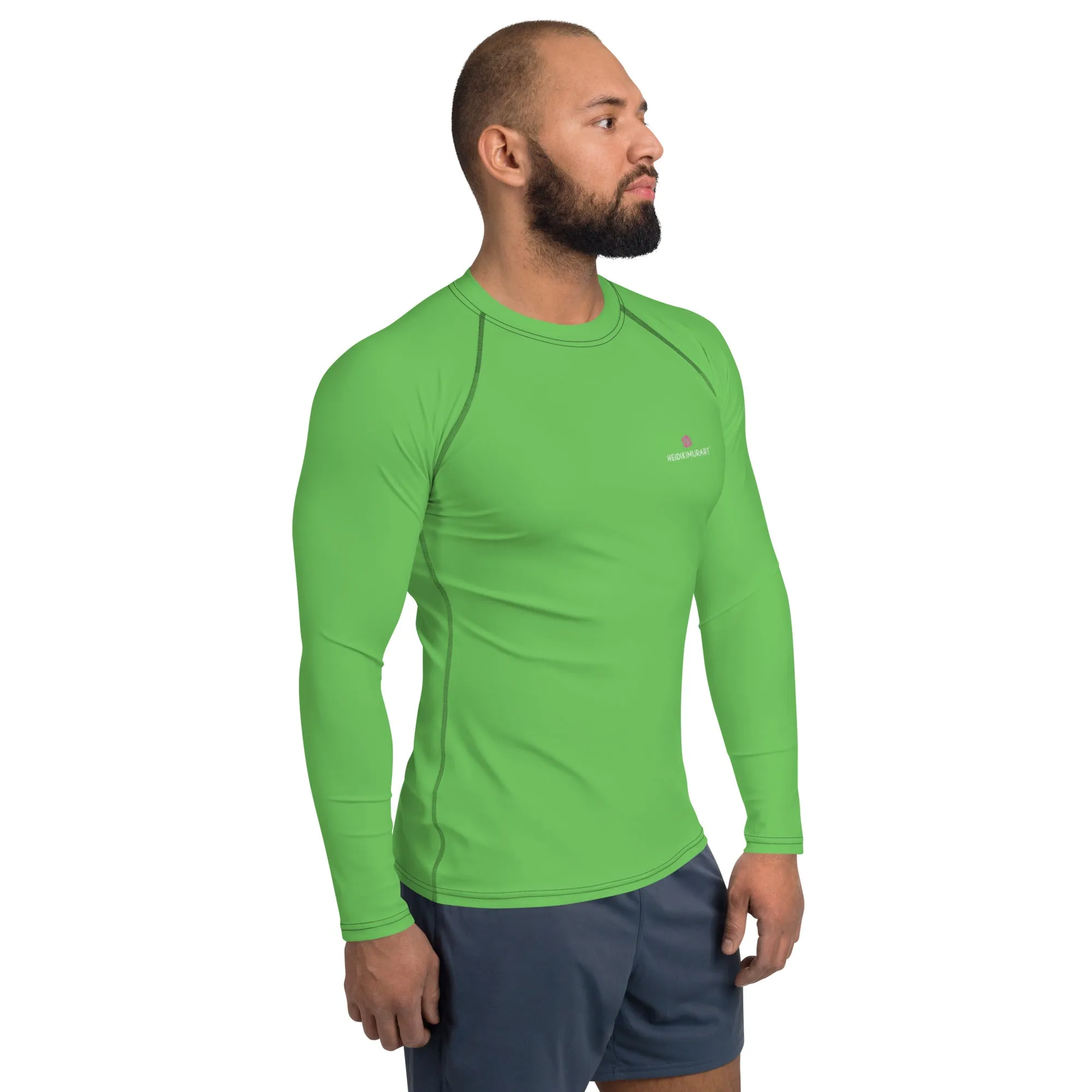 Green Solid Color Men's Top, Best Men's Rash Guard UPF 50  Long Sleeves Designer Polyester Spandex Sportswear