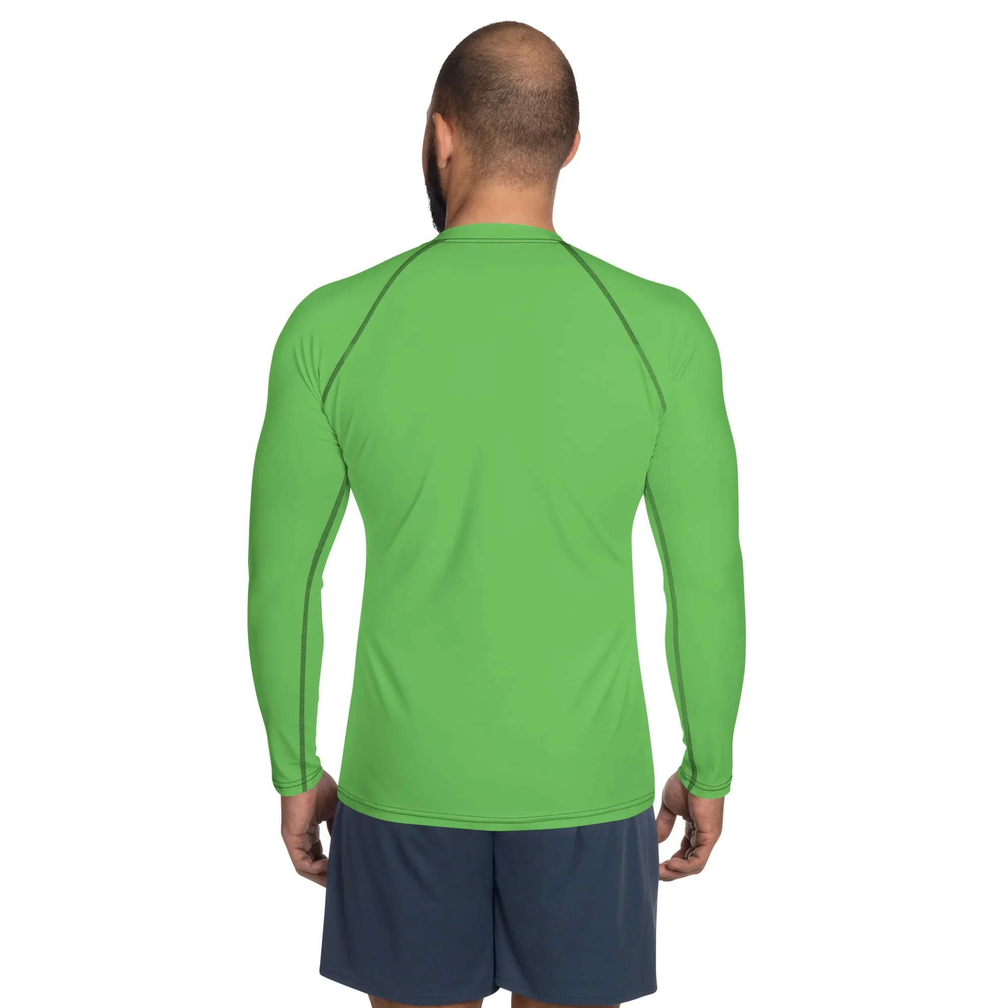 Green Solid Color Men's Top, Best Men's Rash Guard UPF 50  Long Sleeves Designer Polyester Spandex Sportswear