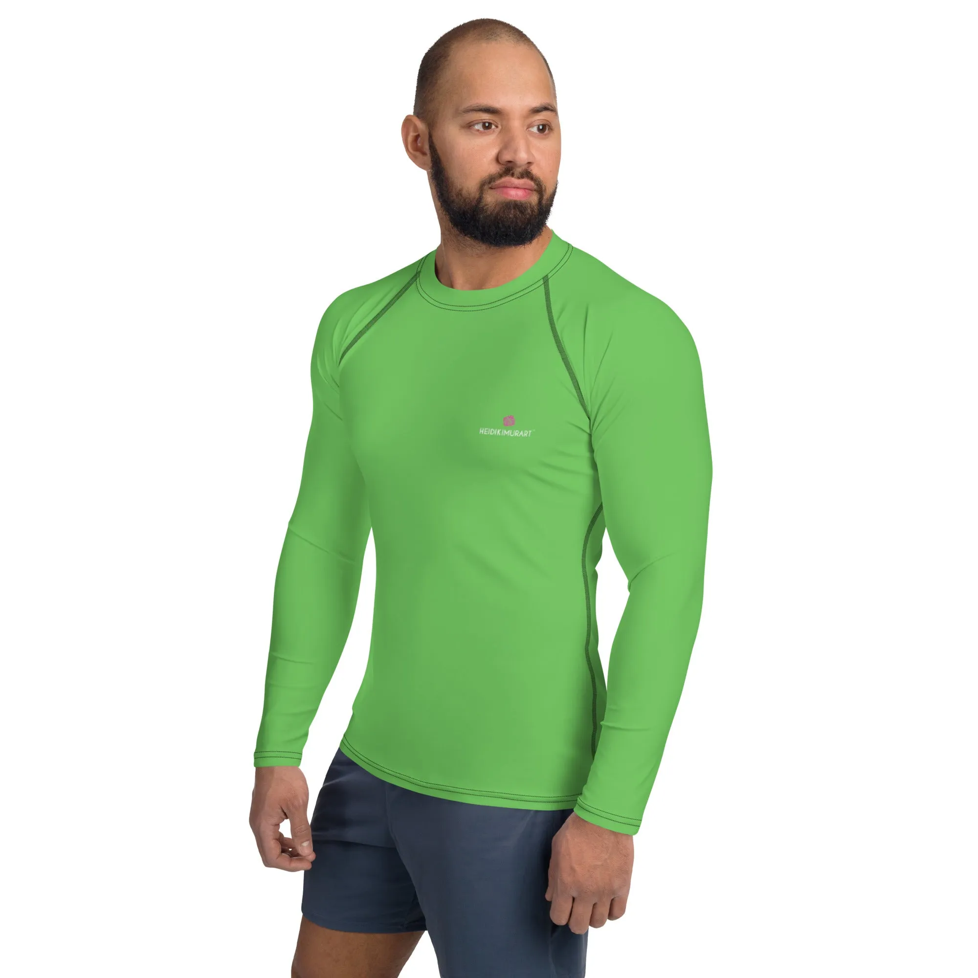 Green Solid Color Men's Top, Best Men's Rash Guard UPF 50  Long Sleeves Designer Polyester Spandex Sportswear