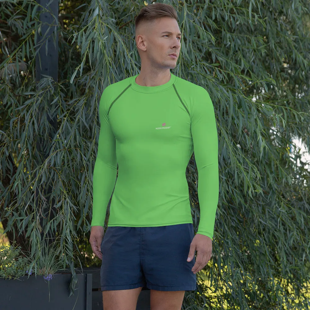 Green Solid Color Men's Top, Best Men's Rash Guard UPF 50  Long Sleeves Designer Polyester Spandex Sportswear