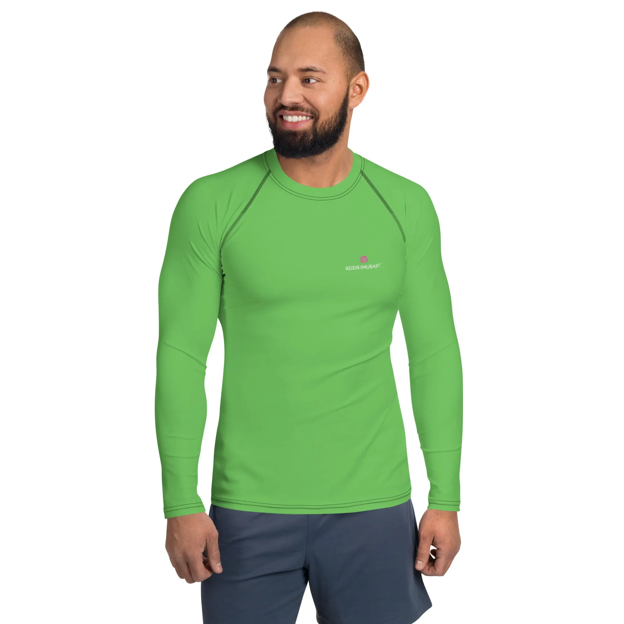 Green Solid Color Men's Top, Best Men's Rash Guard UPF 50  Long Sleeves Designer Polyester Spandex Sportswear