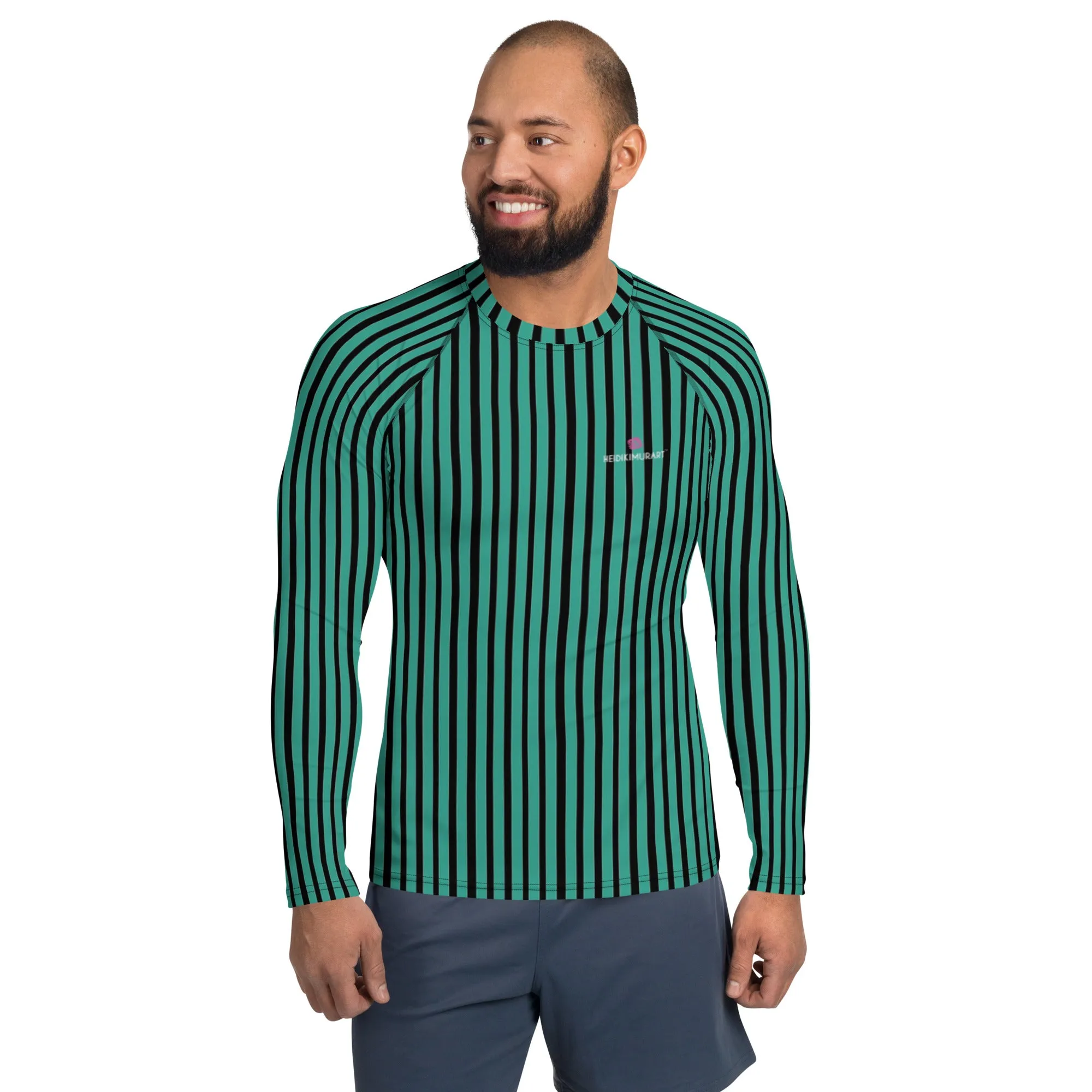 Green Striped Printed Men's Top, Green Black Stripes Print Best Men's Rash Guard UPF 50  Long Sleeves Designer Polyester Spandex Sportswear