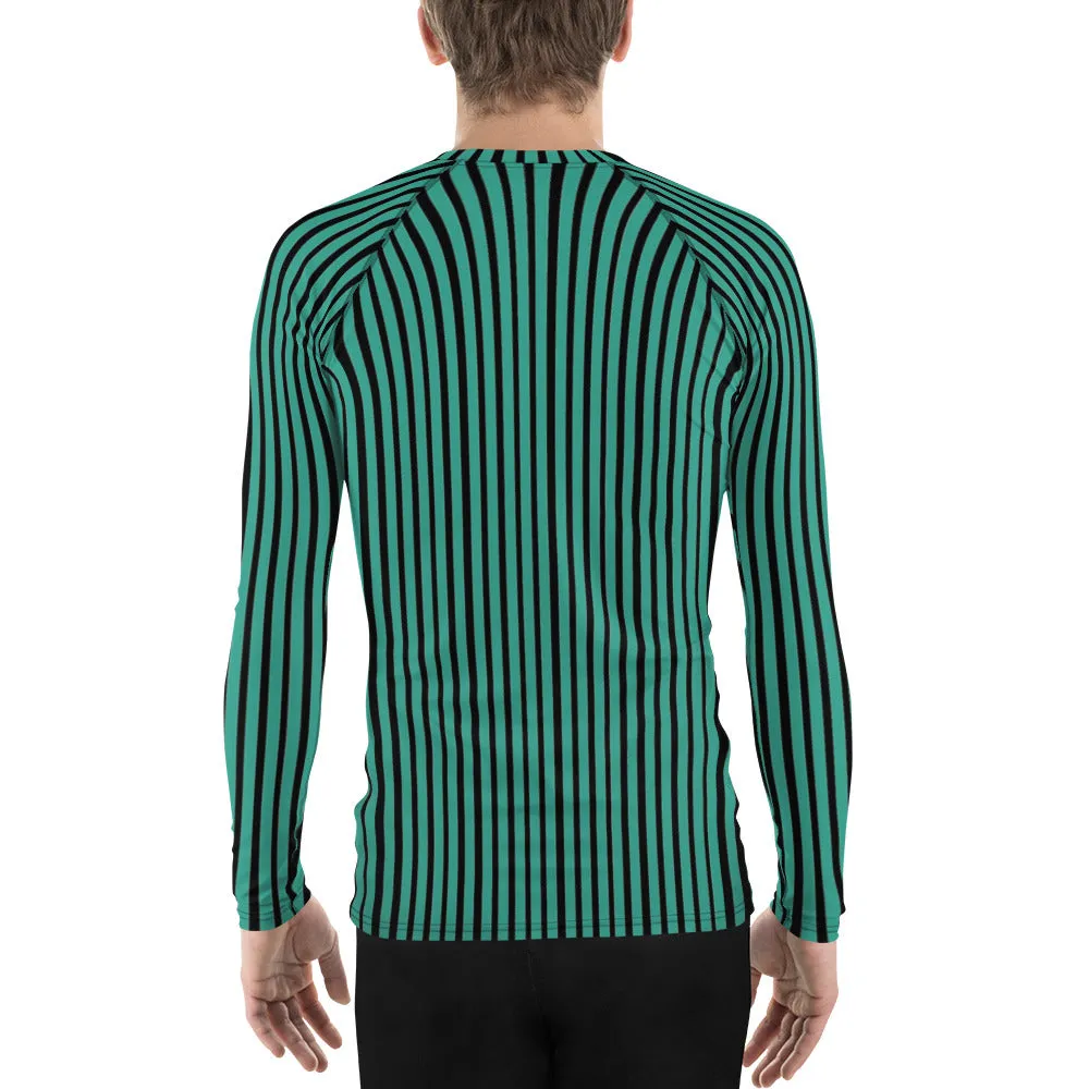 Green Striped Printed Men's Top, Green Black Stripes Print Best Men's Rash Guard UPF 50  Long Sleeves Designer Polyester Spandex Sportswear