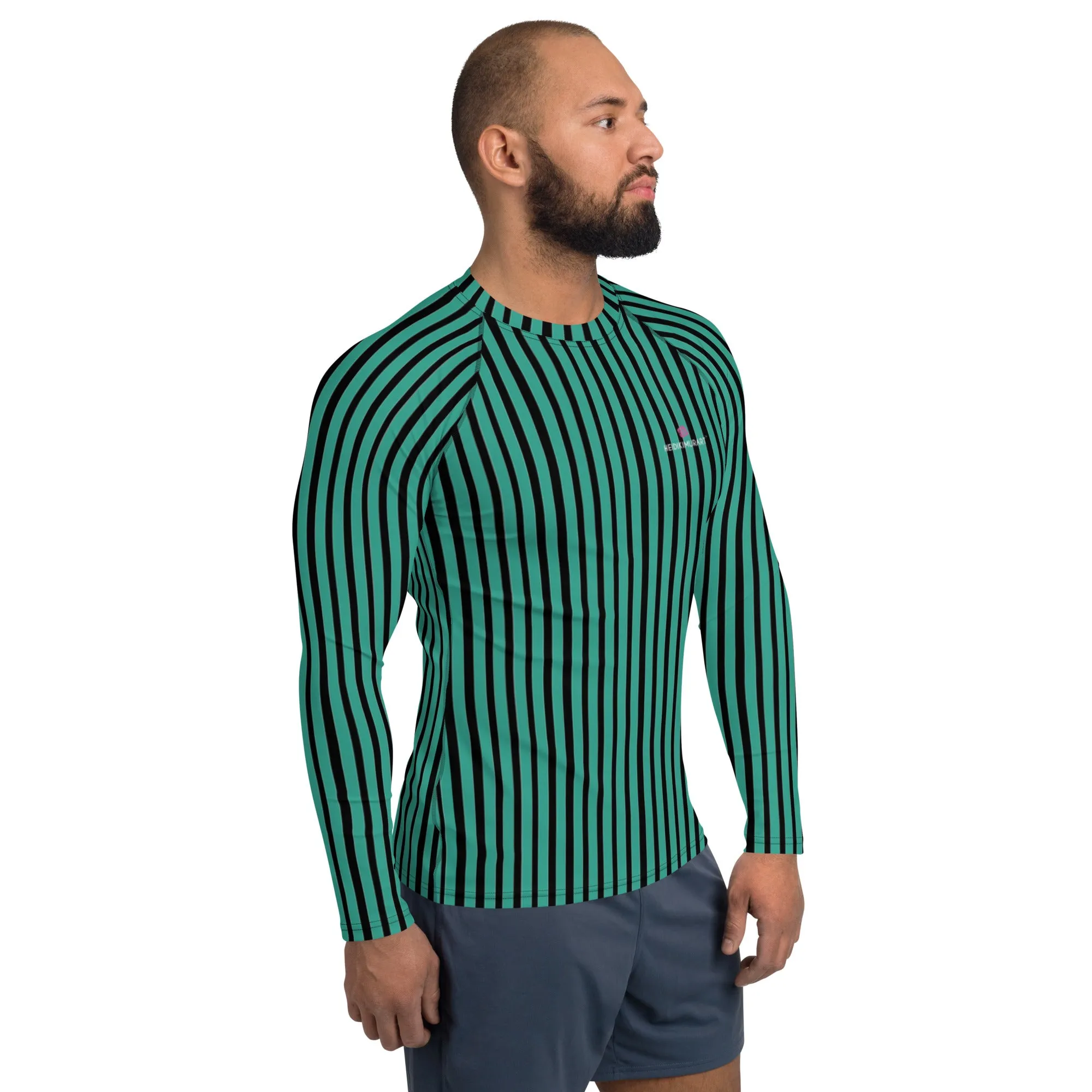 Green Striped Printed Men's Top, Green Black Stripes Print Best Men's Rash Guard UPF 50  Long Sleeves Designer Polyester Spandex Sportswear