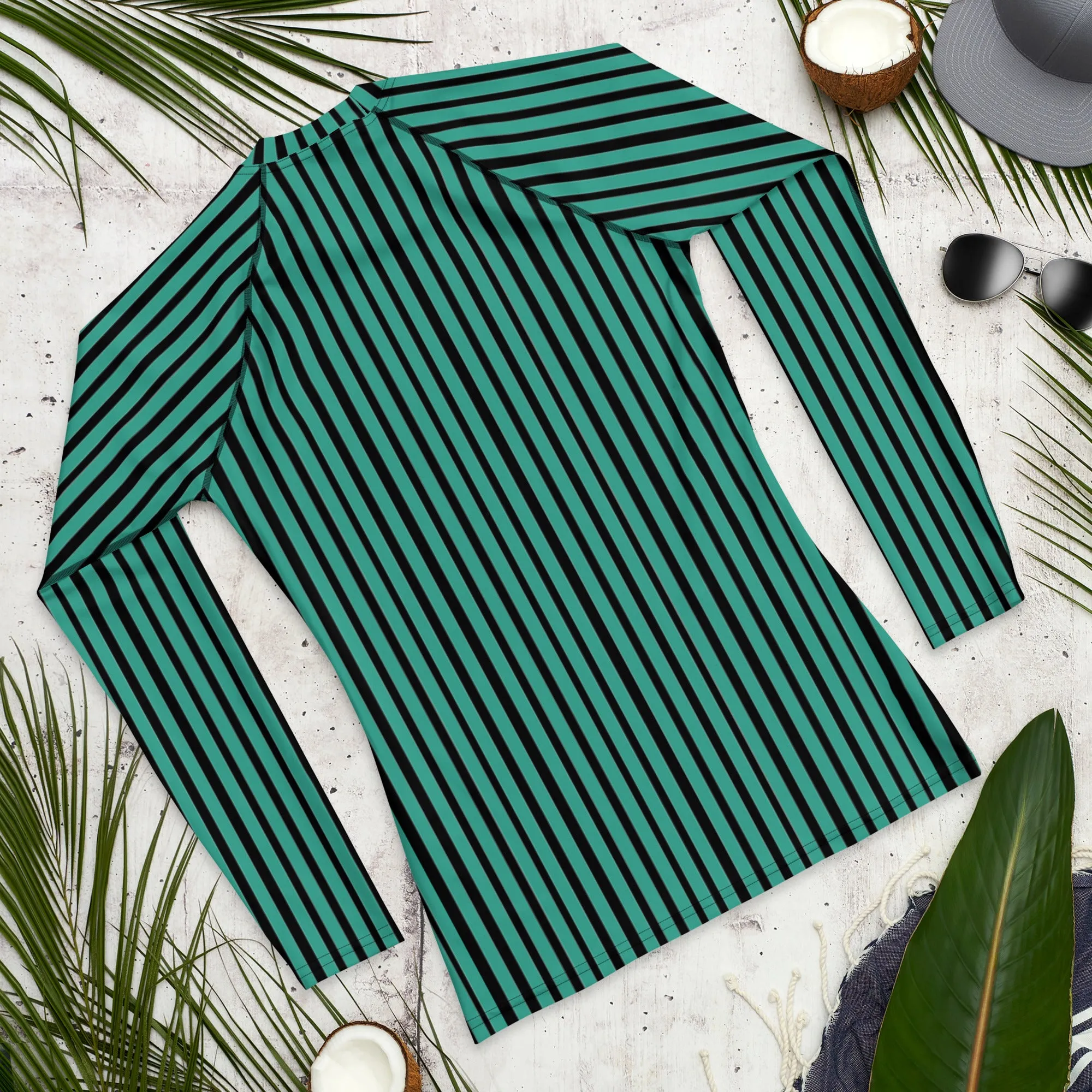 Green Striped Printed Men's Top, Green Black Stripes Print Best Men's Rash Guard UPF 50  Long Sleeves Designer Polyester Spandex Sportswear