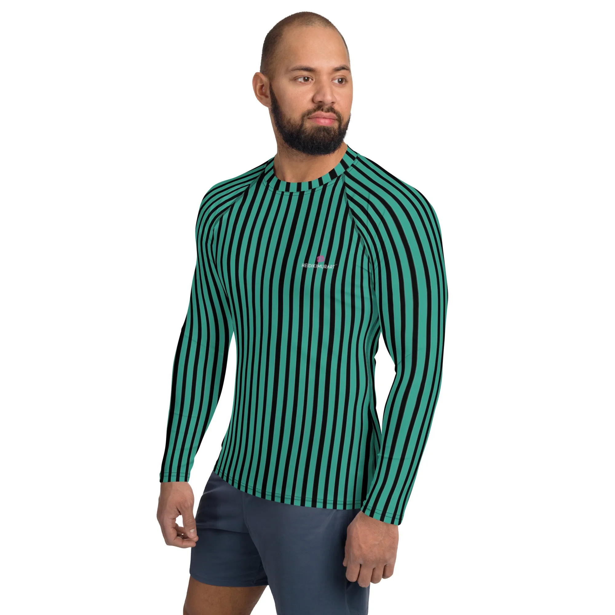 Green Striped Printed Men's Top, Green Black Stripes Print Best Men's Rash Guard UPF 50  Long Sleeves Designer Polyester Spandex Sportswear