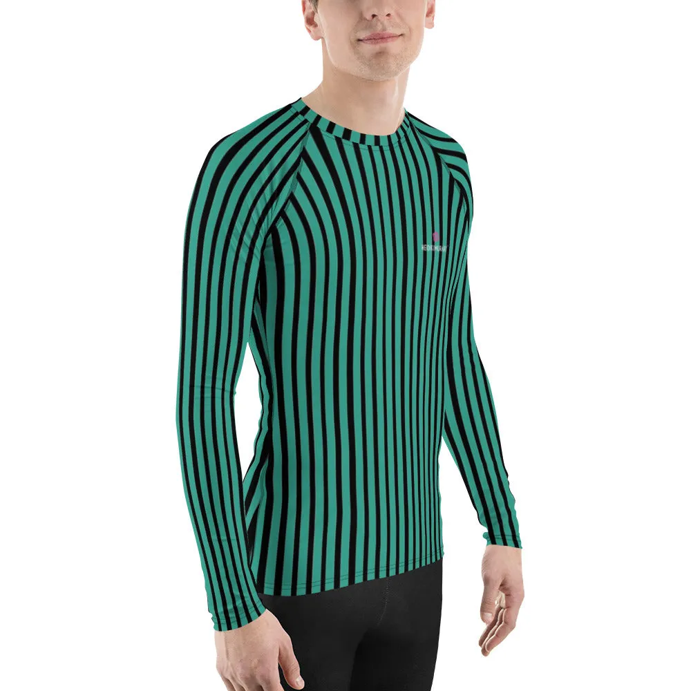 Green Striped Printed Men's Top, Green Black Stripes Print Best Men's Rash Guard UPF 50  Long Sleeves Designer Polyester Spandex Sportswear