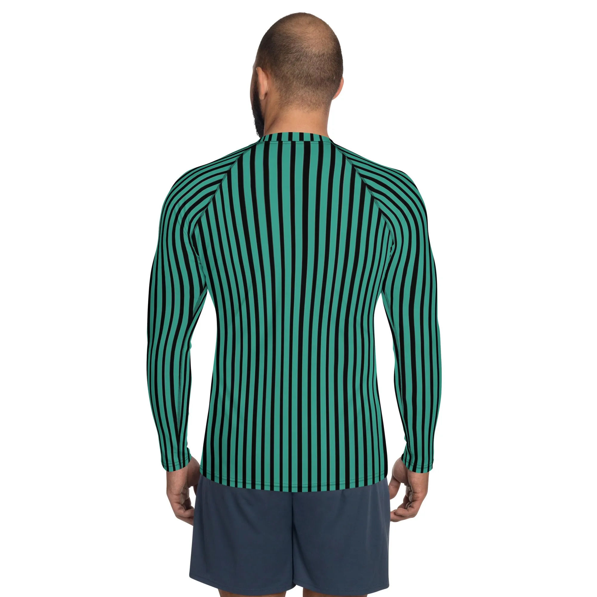 Green Striped Printed Men's Top, Green Black Stripes Print Best Men's Rash Guard UPF 50  Long Sleeves Designer Polyester Spandex Sportswear