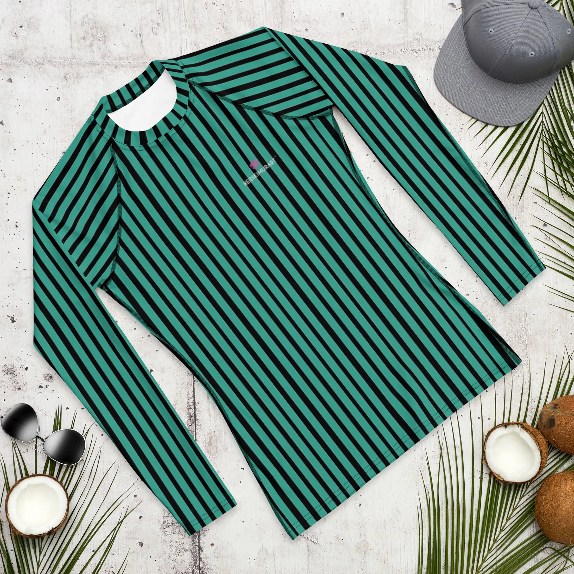 Green Striped Printed Men's Top, Green Black Stripes Print Best Men's Rash Guard UPF 50  Long Sleeves Designer Polyester Spandex Sportswear