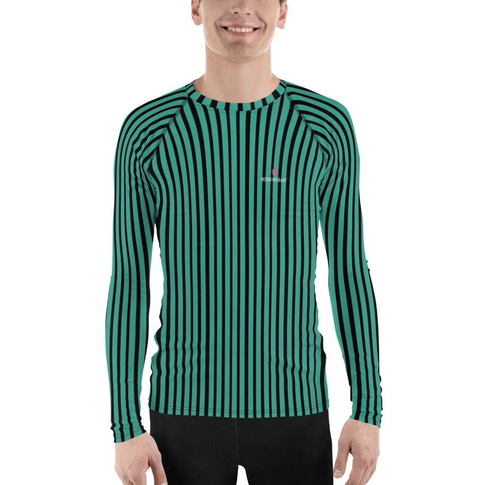 Green Striped Printed Men's Top, Green Black Stripes Print Best Men's Rash Guard UPF 50  Long Sleeves Designer Polyester Spandex Sportswear